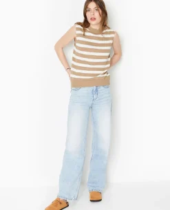 Pull Sans Manches Rayé - Beige
