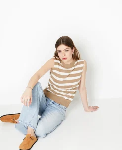 Pull Sans Manches Rayé - Beige