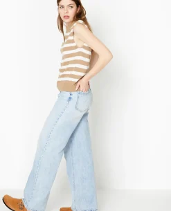 Pull Sans Manches Rayé - Beige