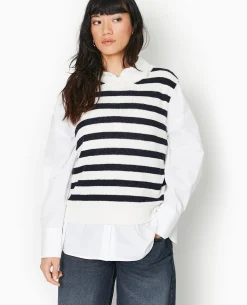 Pull Sans Manches Rayé - Blanc