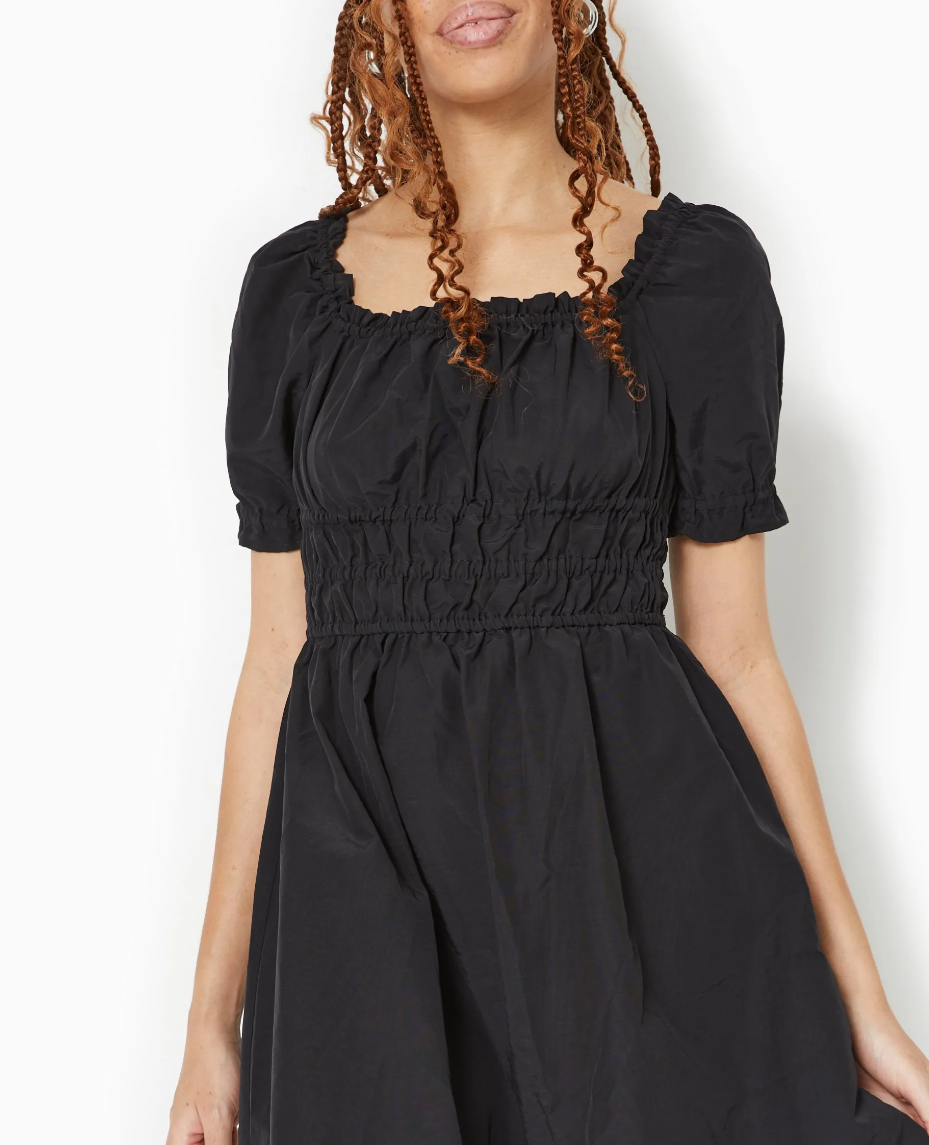 Robe Babydoll Avec Fronces Encolure Bardot - Noir