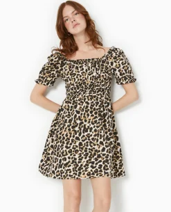 Robe Babydoll Encolure Bardot Motif Léopard - Marron