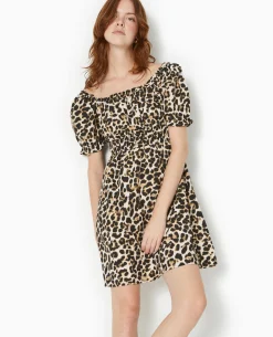 Robe Babydoll Encolure Bardot Motif Léopard - Marron