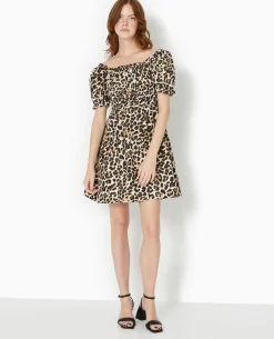 Robe Babydoll Encolure Bardot Motif Léopard - Marron