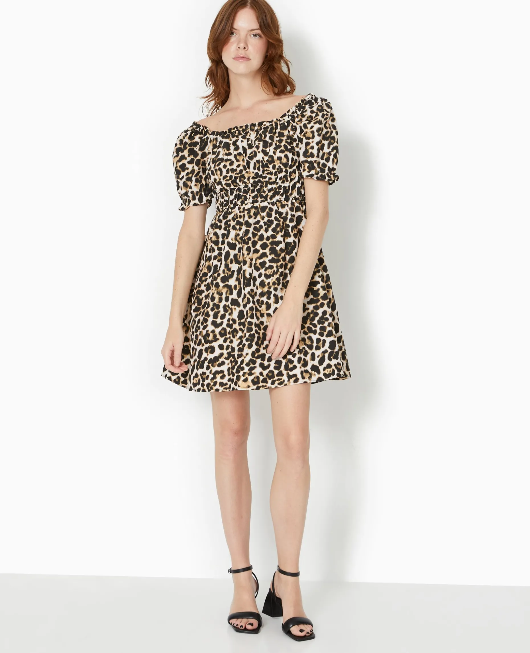 Robe Babydoll Encolure Bardot Motif Léopard - Marron