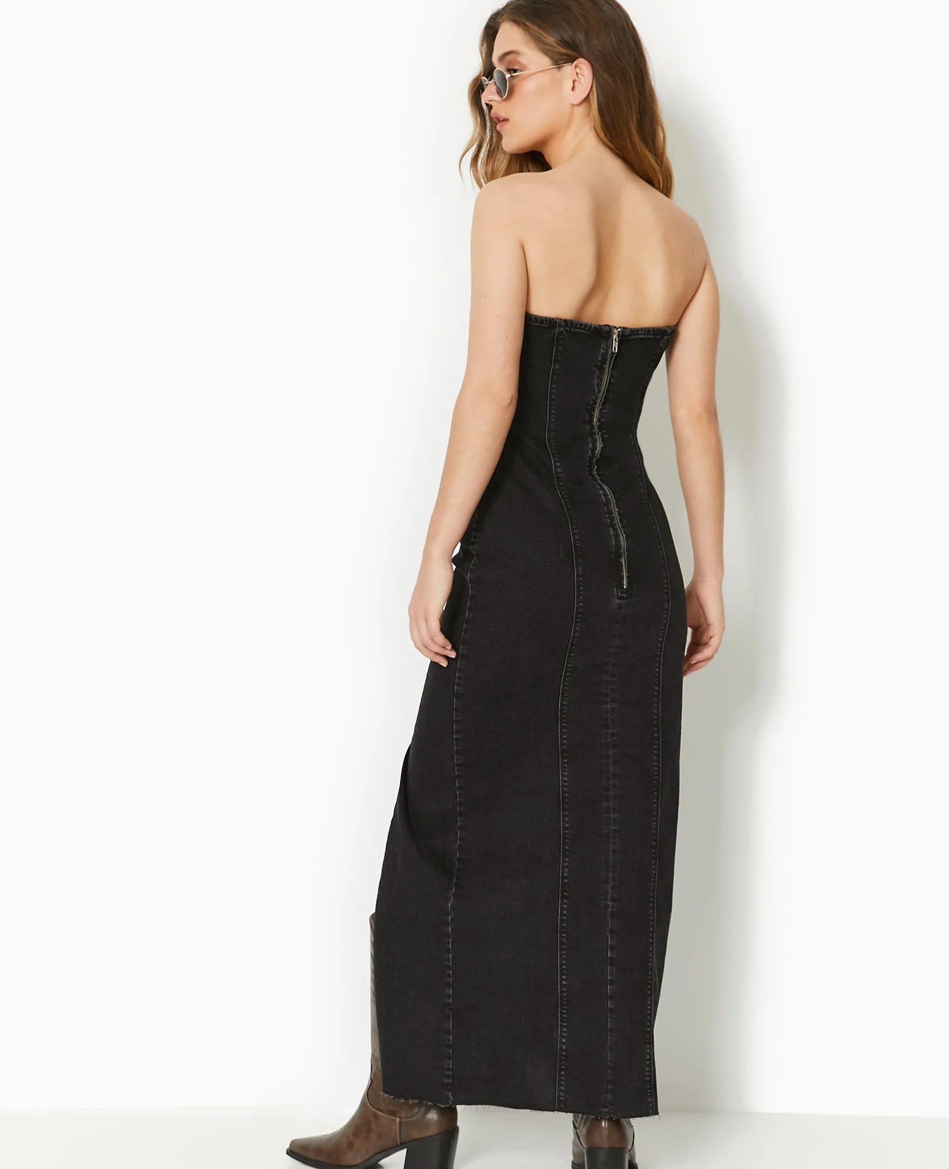 Robe Bustier Longue En Jean Stretch - Noir