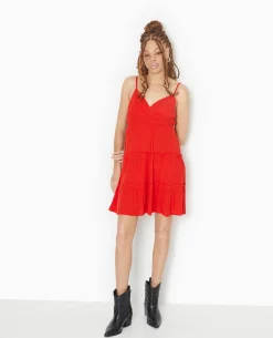 Robe Courte à Volants Encolure Croisée - Rouge