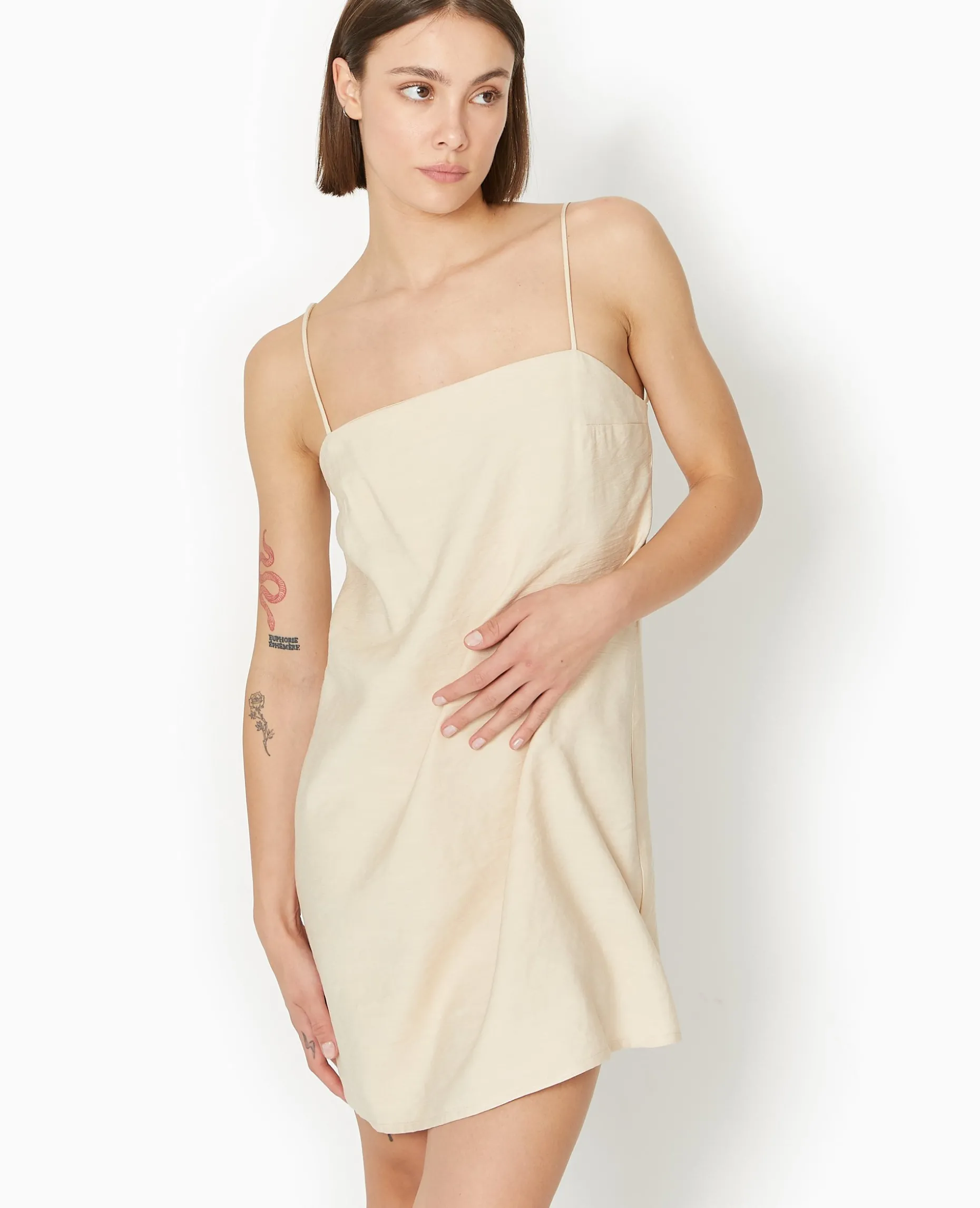 Robe Courte Avec Bretelles à Nouer - Beige