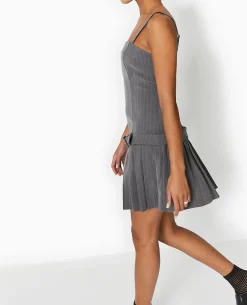 Robe Courte Avec Ceinture Et Bas Plissé - Gris Foncé