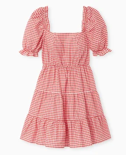 Robe Courte Avec Manches Ballons Motif Vichy - Rouge