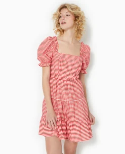 Robe Courte Avec Manches Ballons Motif Vichy - Rouge