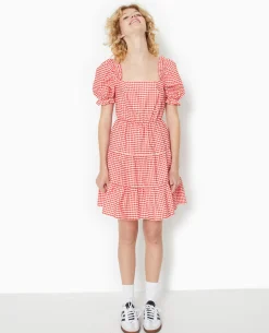 Robe Courte Avec Manches Ballons Motif Vichy - Rouge