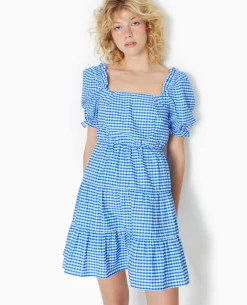 Robe Courte Avec Manches Ballons Motif Vichy - Bleu électrique
