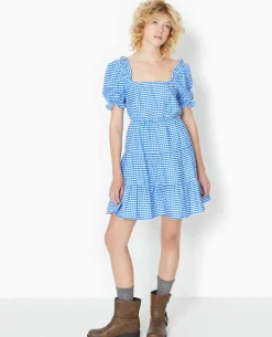 Robe Courte Avec Manches Ballons Motif Vichy - Bleu électrique