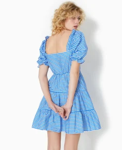 Robe Courte Avec Manches Ballons Motif Vichy - Bleu électrique