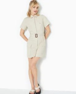 Robe Courte Boutonnée Style Saharienne - Beige