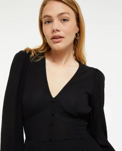 Robe Courte Col V Avec Dentelle Et Boutons - Noir
