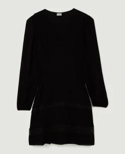 Robe Courte Col V Avec Dentelle Et Boutons - Noir