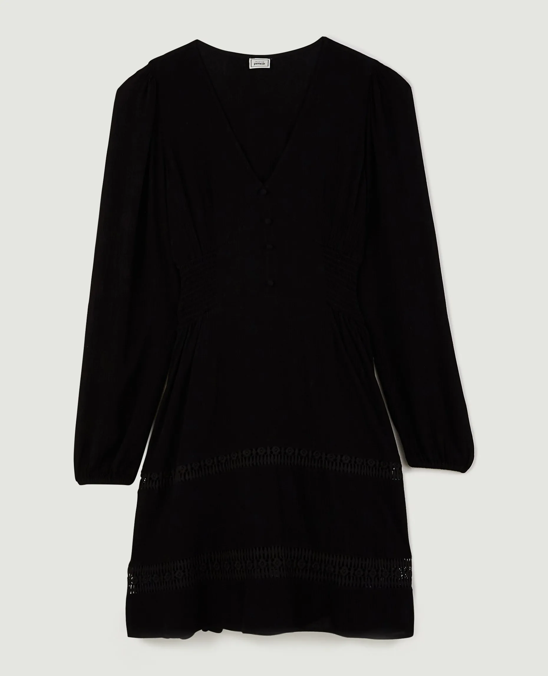 Robe Courte Col V Avec Dentelle Et Boutons - Noir