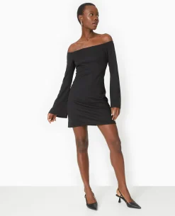 Robe Courte Encolure Bardot Et Manches Flare - Noir
