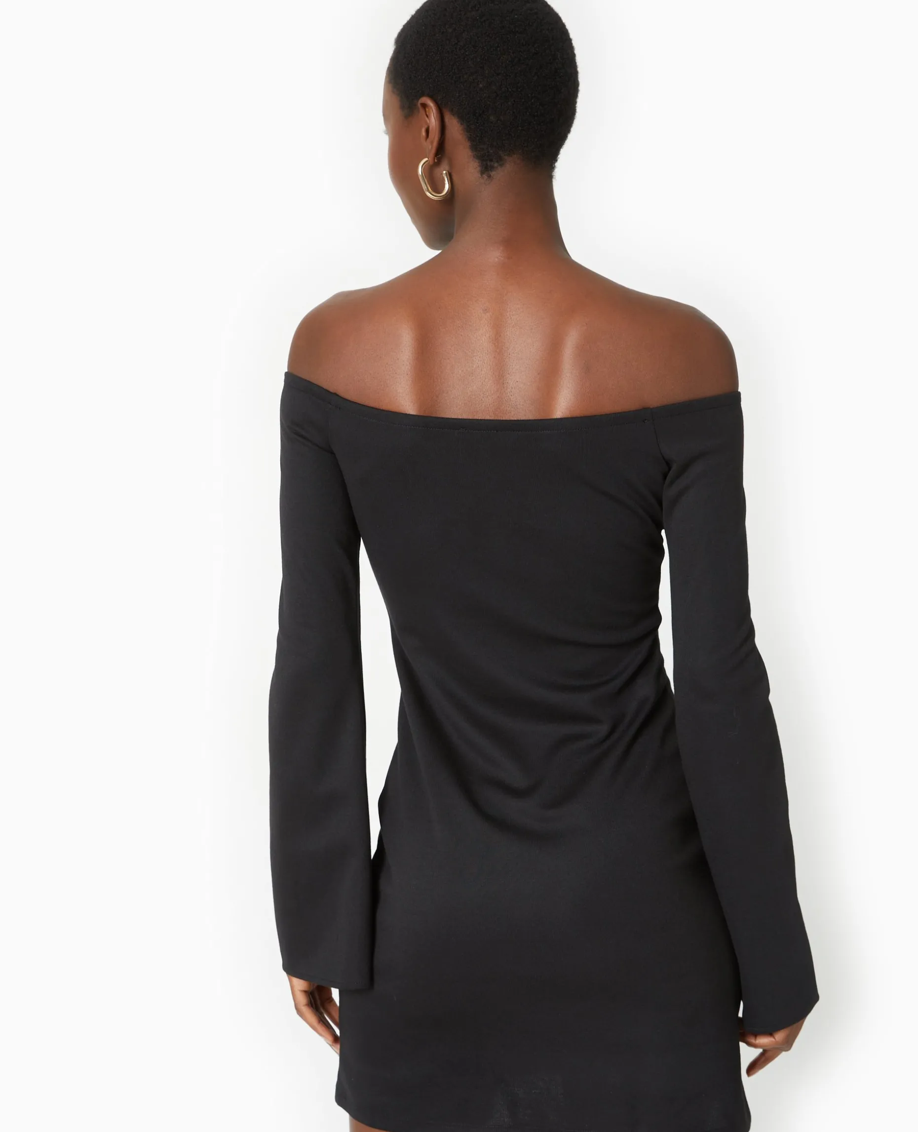 Robe Courte Encolure Bardot Et Manches Flare - Noir