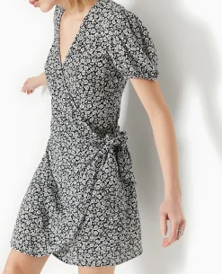 Robe Courte Encolure Cache-cœur Motif Fleurs - Noir