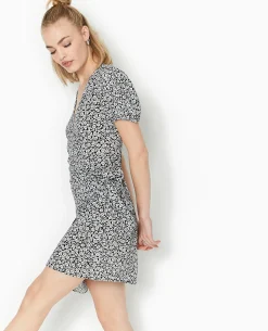 Robe Courte Encolure Cache-cœur Motif Fleurs - Noir