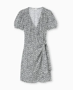 Robe Courte Encolure Cache-cœur Motif Fleurs - Noir