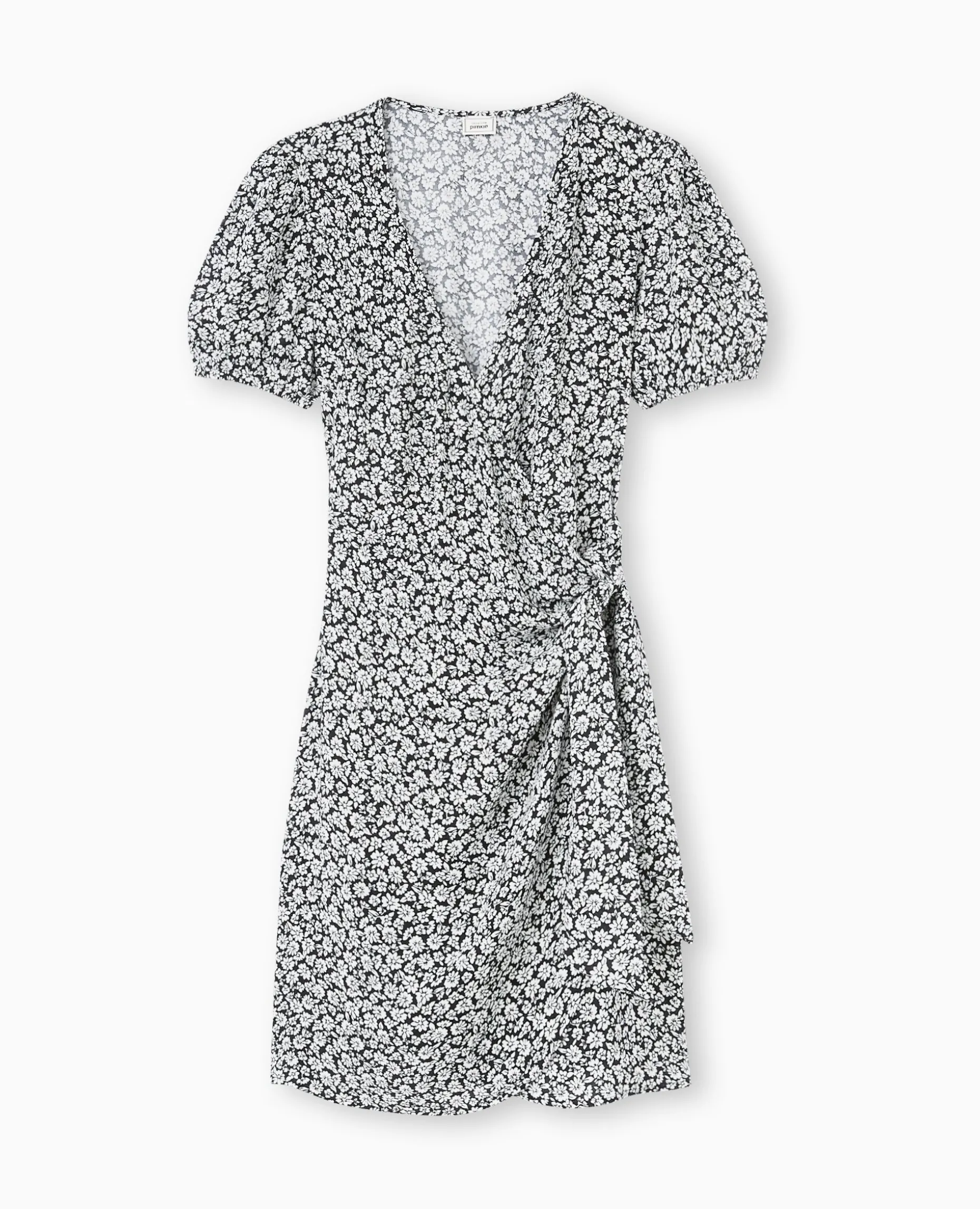 Robe Courte Encolure Cache-cœur Motif Fleurs - Noir