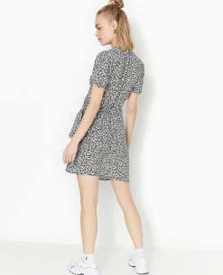 Robe Courte Encolure Cache-cœur Motif Fleurs - Noir