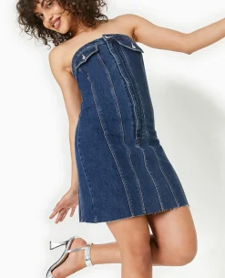 Robe Courte Forme Bustier En Jean - Bleu