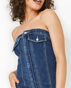Robe Courte Forme Bustier En Jean - Bleu