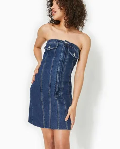 Robe Courte Forme Bustier En Jean - Bleu