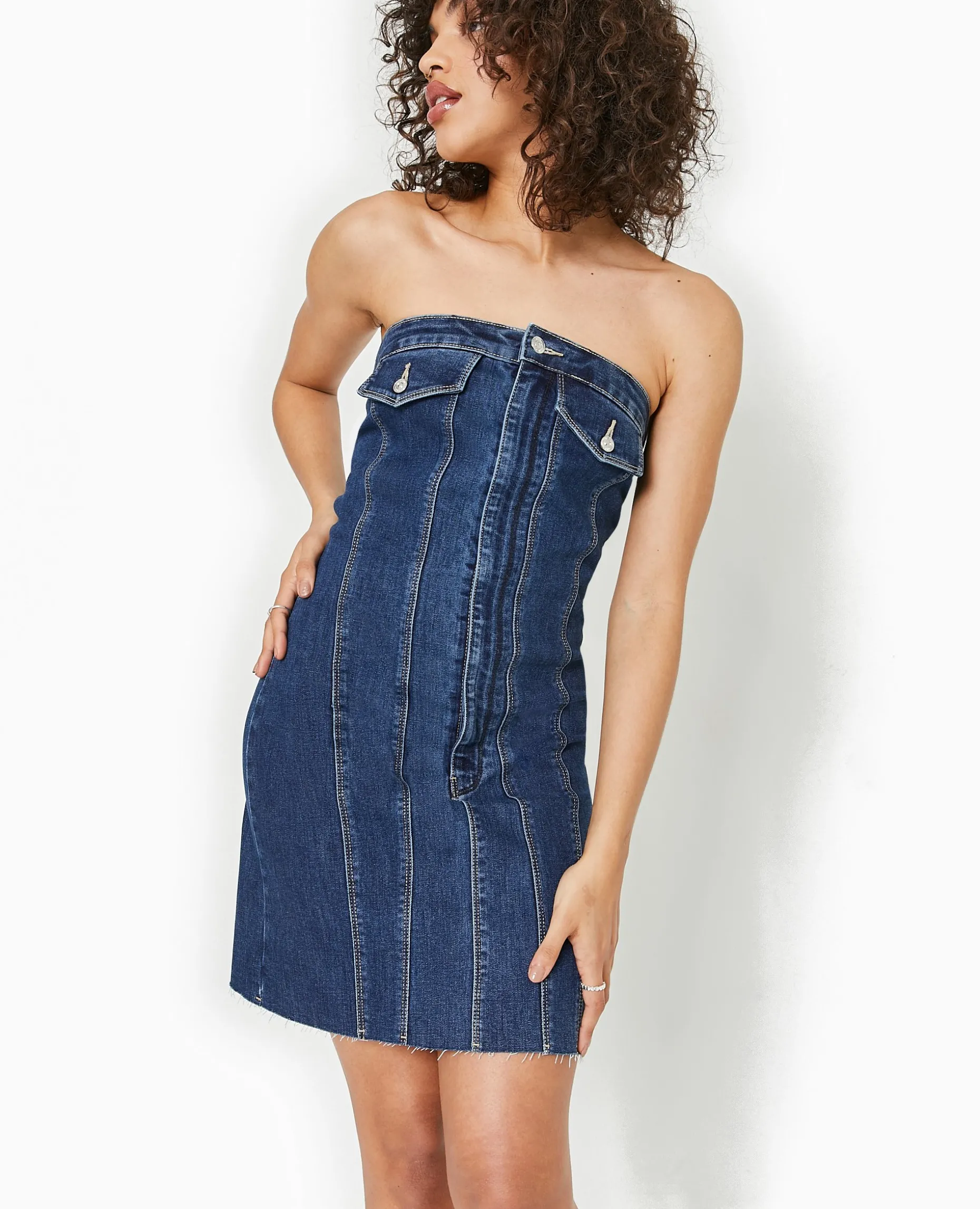 Robe Courte Forme Bustier En Jean - Bleu