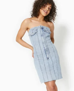 Robe Courte Forme Bustier En Jean - Bleu Clair