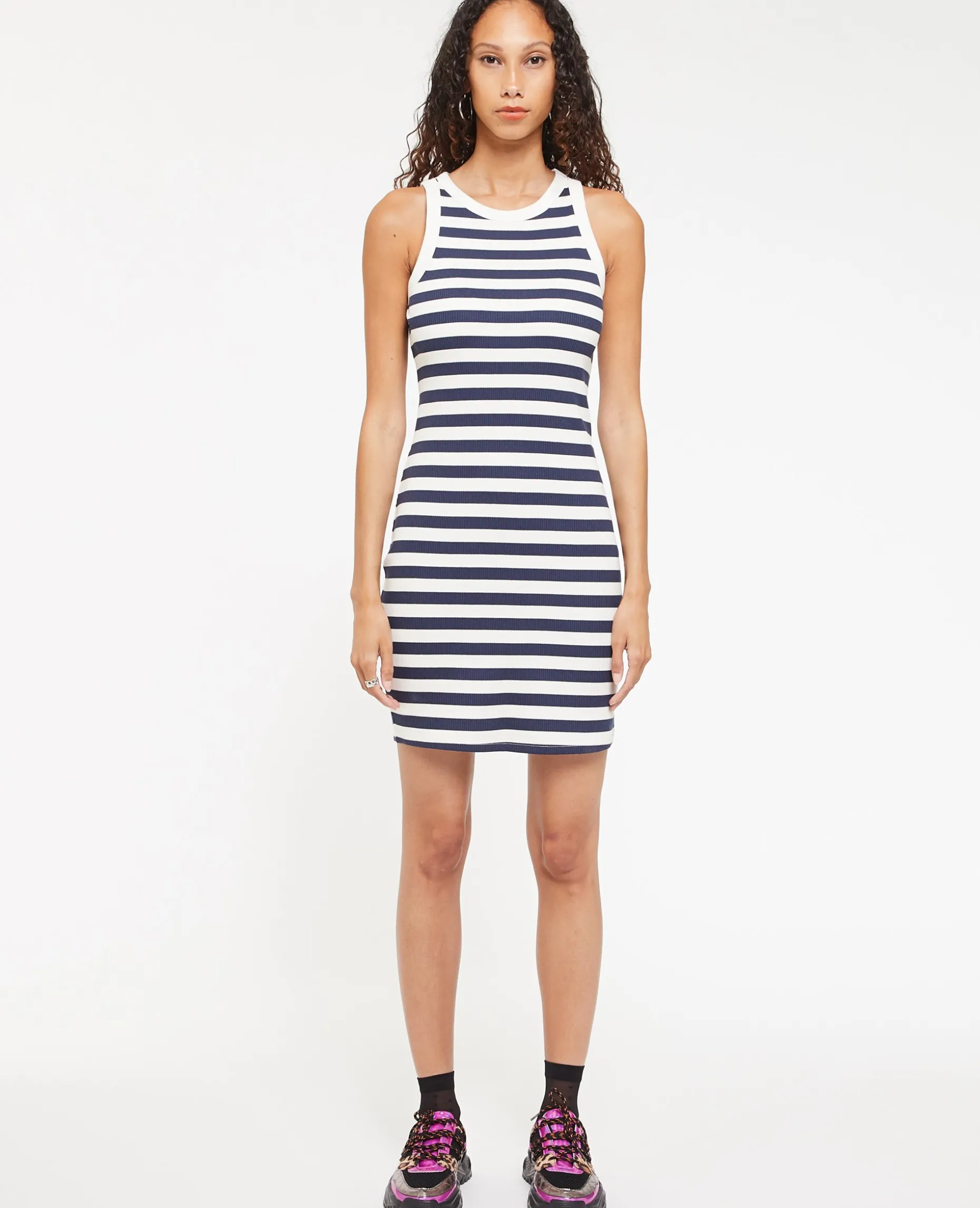 Robe Débardeur Maille Côtelée Rayée - Bleu