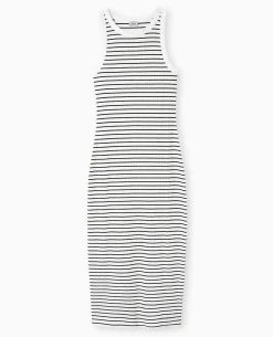 Robe Débardeur Maille Côtelée Rayée - Blanc