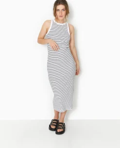 Robe Débardeur Maille Côtelée Rayée - Blanc