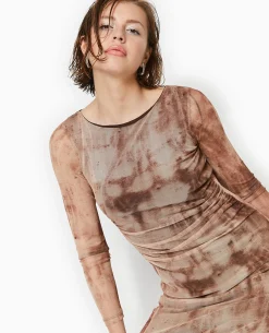 Robe En Mesh Manches Longues Longueur Midi - Marron