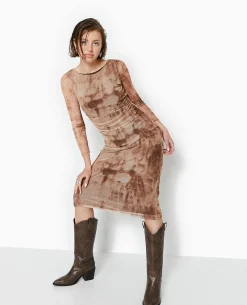 Robe En Mesh Manches Longues Longueur Midi - Marron