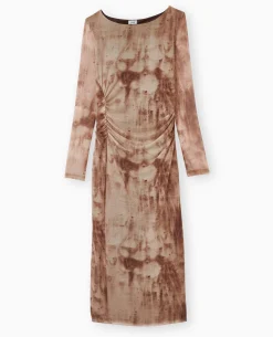 Robe En Mesh Manches Longues Longueur Midi - Marron