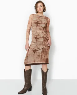 Robe En Mesh Manches Longues Longueur Midi - Marron