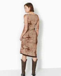 Robe En Mesh Manches Longues Longueur Midi - Marron