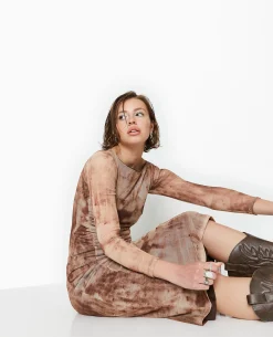 Robe En Mesh Manches Longues Longueur Midi - Marron