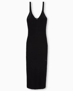 Robe Longue à Bretelles En Maille Ajourée - Noir