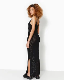 Robe Longue à Bretelles En Maille Ajourée - Noir