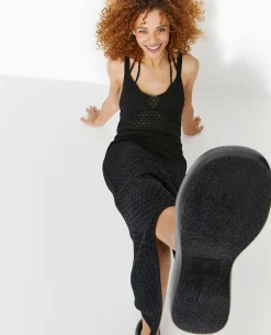 Robe Longue à Bretelles En Maille Ajourée - Noir