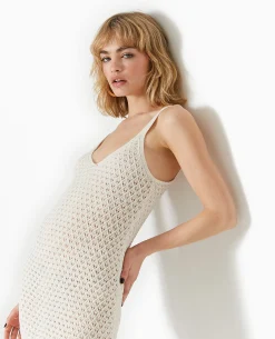 Robe Longue à Bretelles En Maille Ajourée - Blanc