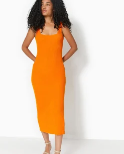 Robe Longue à Bretelles En Maille Côtelée - Orange