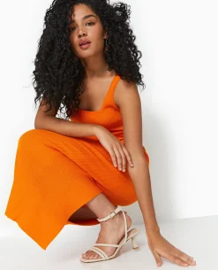 Robe Longue à Bretelles En Maille Côtelée - Orange